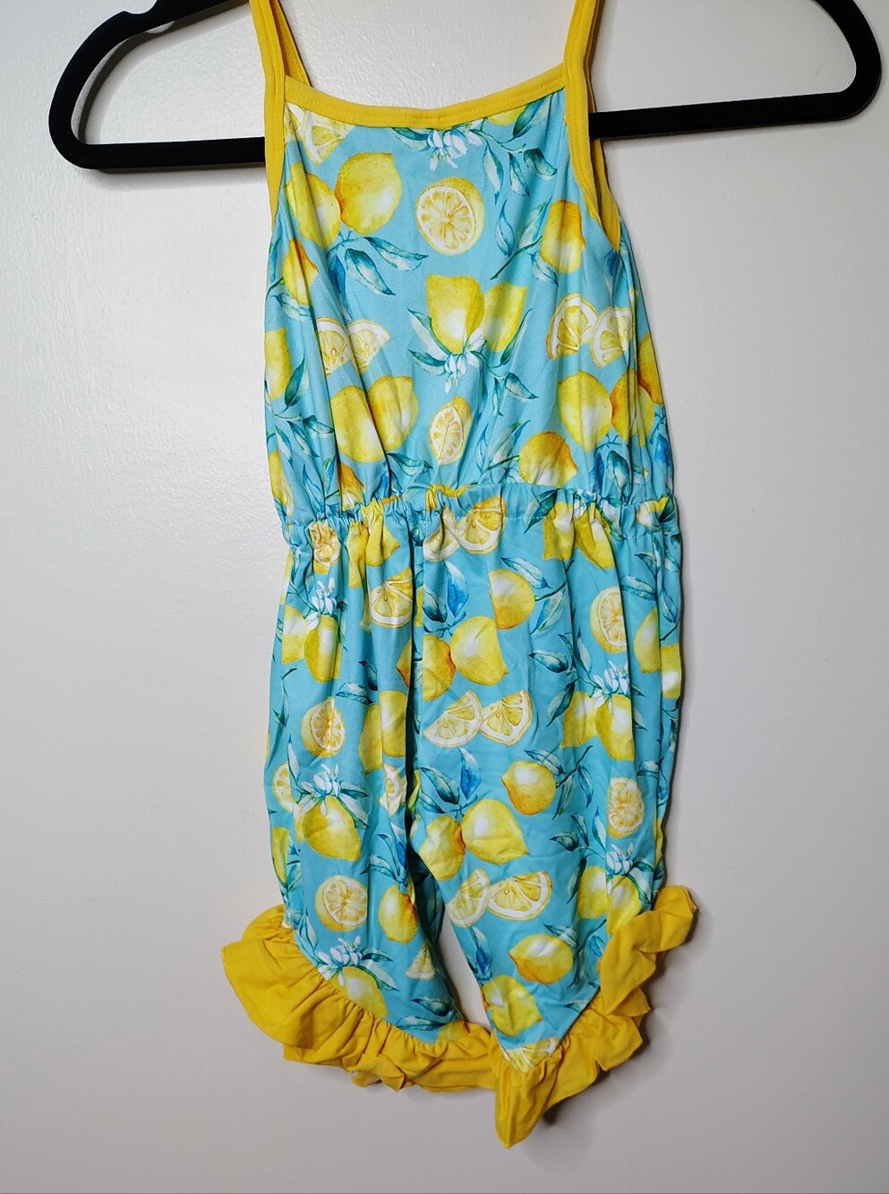 Girls Lemon Print Ruffle Romper - Yellow & Aqua Girls Sizes M,L, XL - Picture 3 of 4